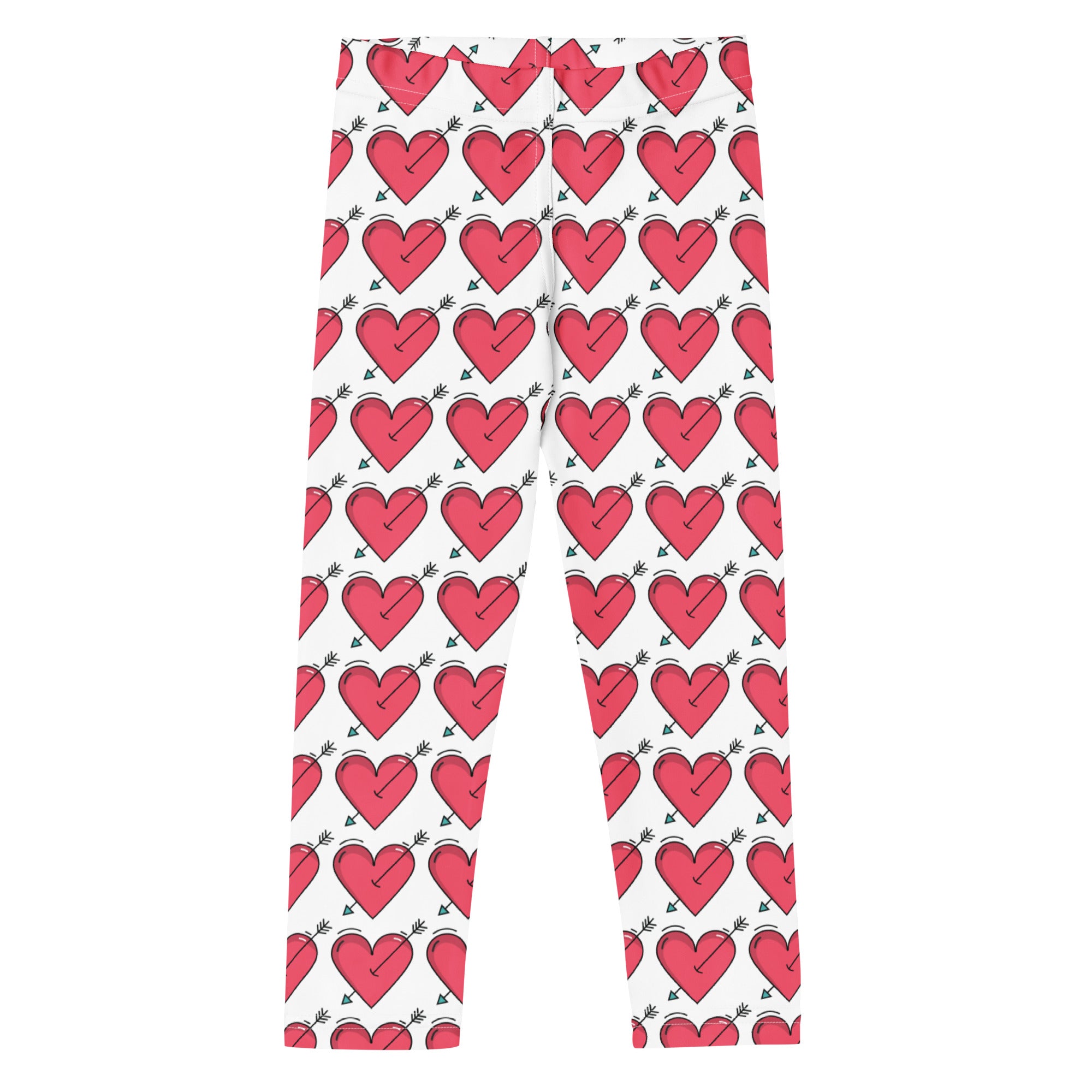 White girls buttery soft leggings with vibrant red hearts pierced by green tipped arrows for valentine’s day