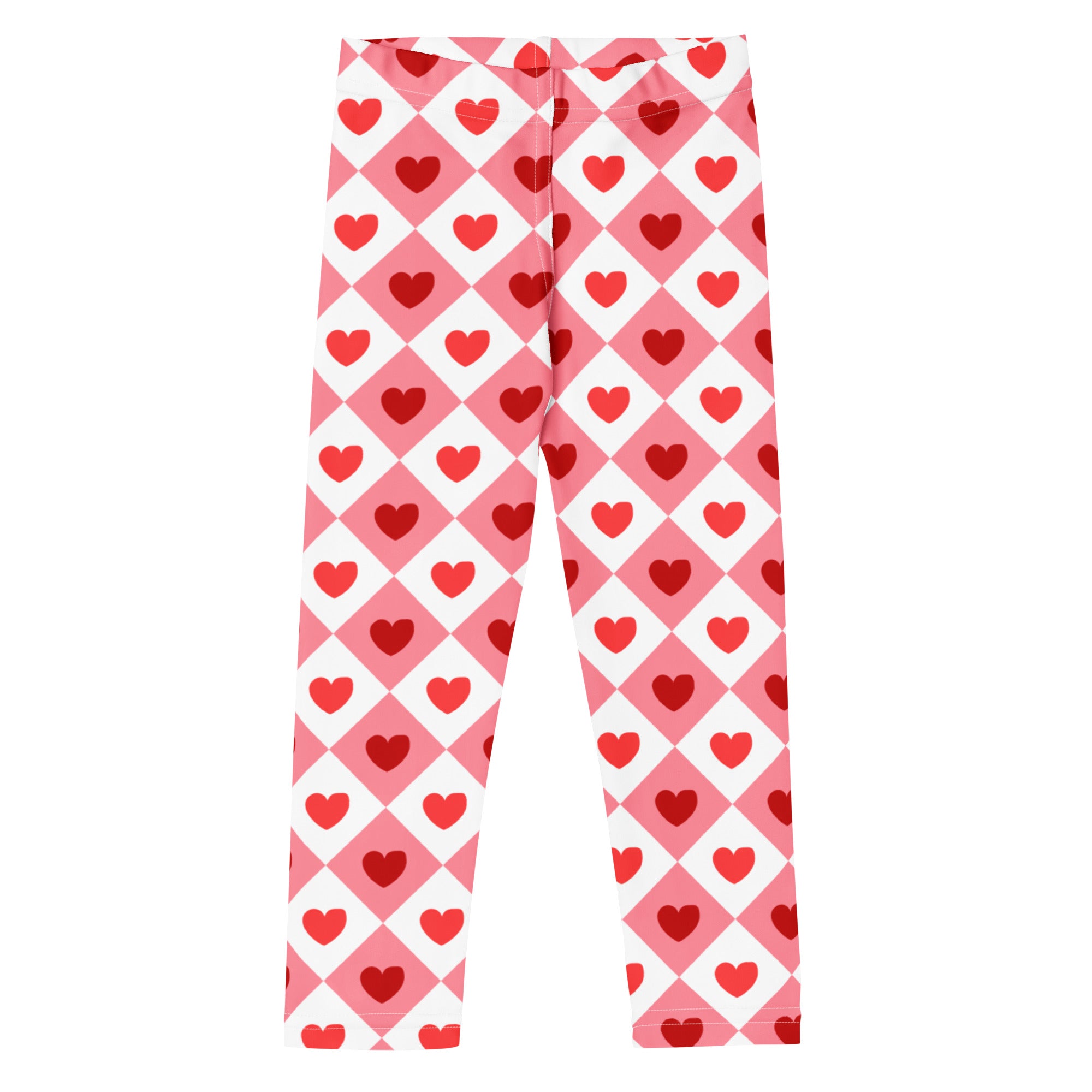 Girls pink argyle heart leggings in buttery soft fabric with pink white pattern and red heart accents