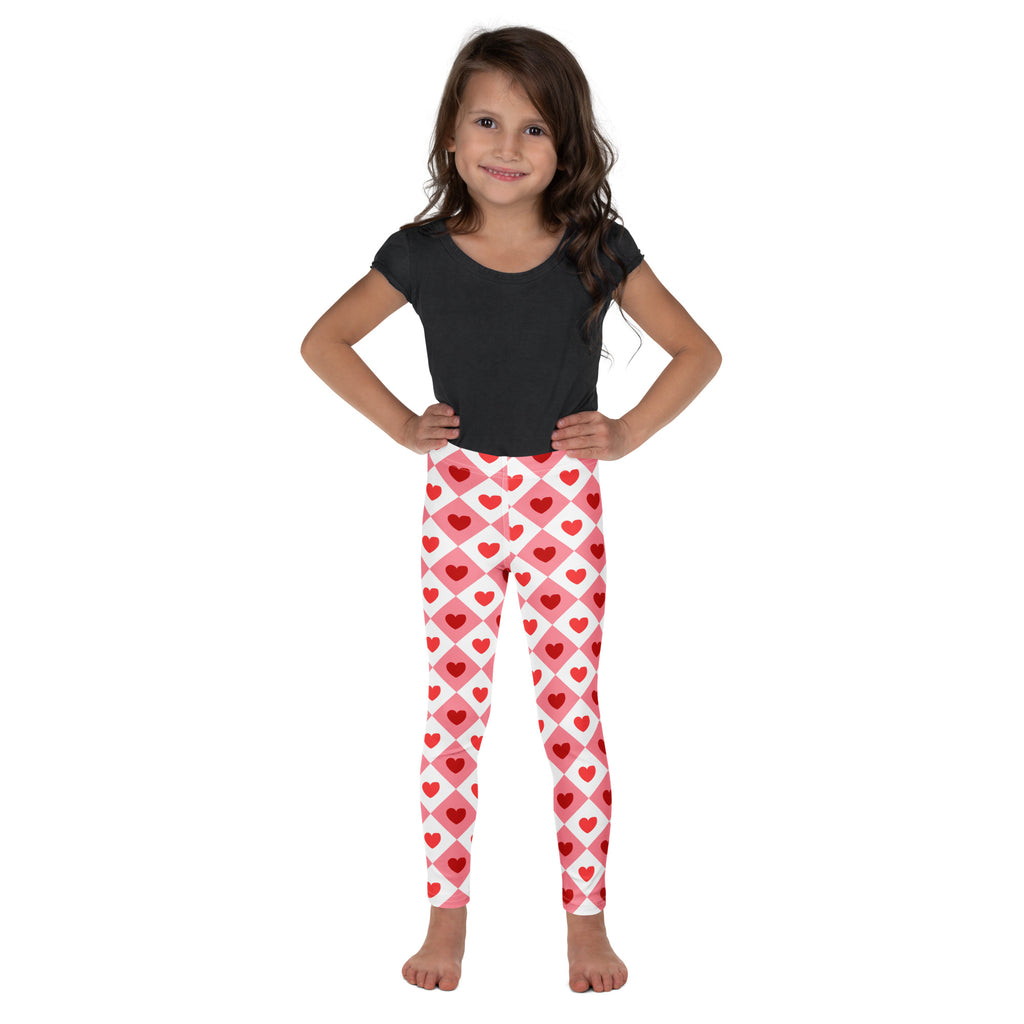 Girls pink argyle heart leggings with a diamond grid design made of buttery soft fabric for comfortable wear