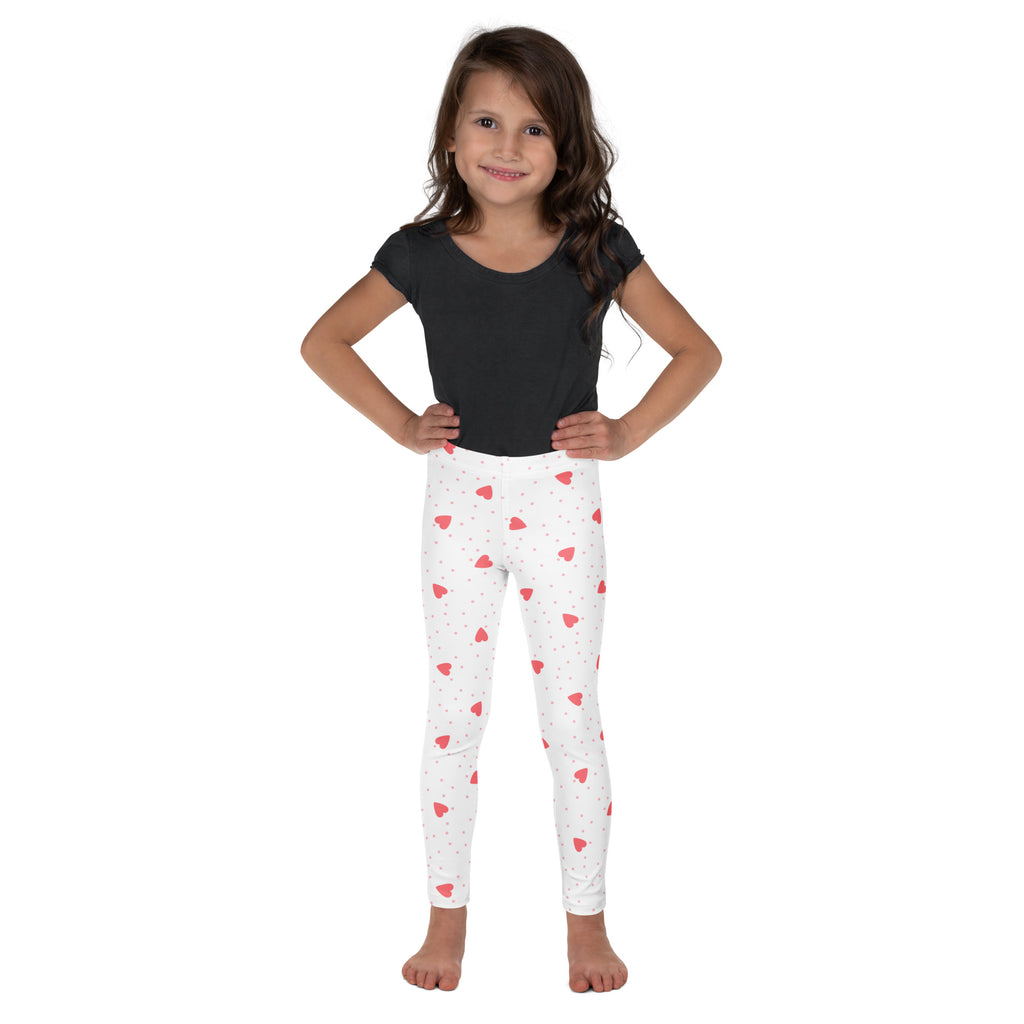Girls buttery soft white leggings with pink heart patterns and small gray dots for comfortable everyday wear