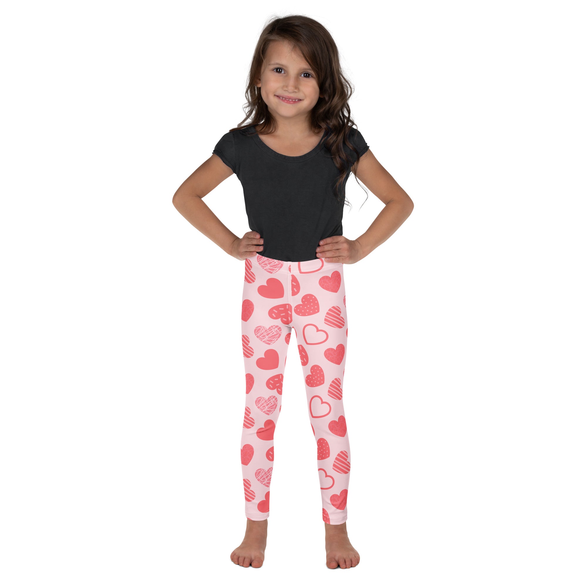 Girls pink heart pattern leggings buttery soft with red and pink hearts in various styles for everyday wear