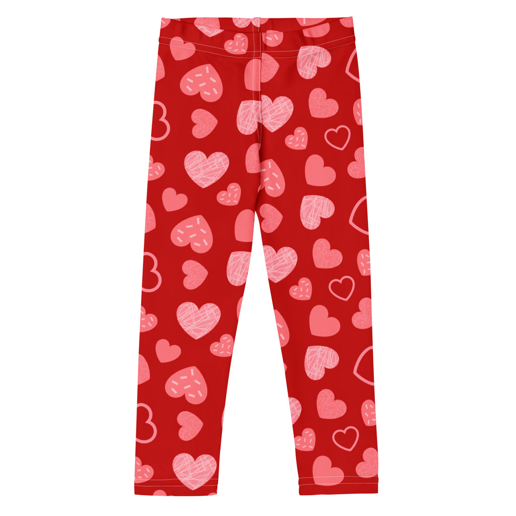Girls red heart pattern leggings with pink and white hearts in buttery soft fabric for comfortable wear