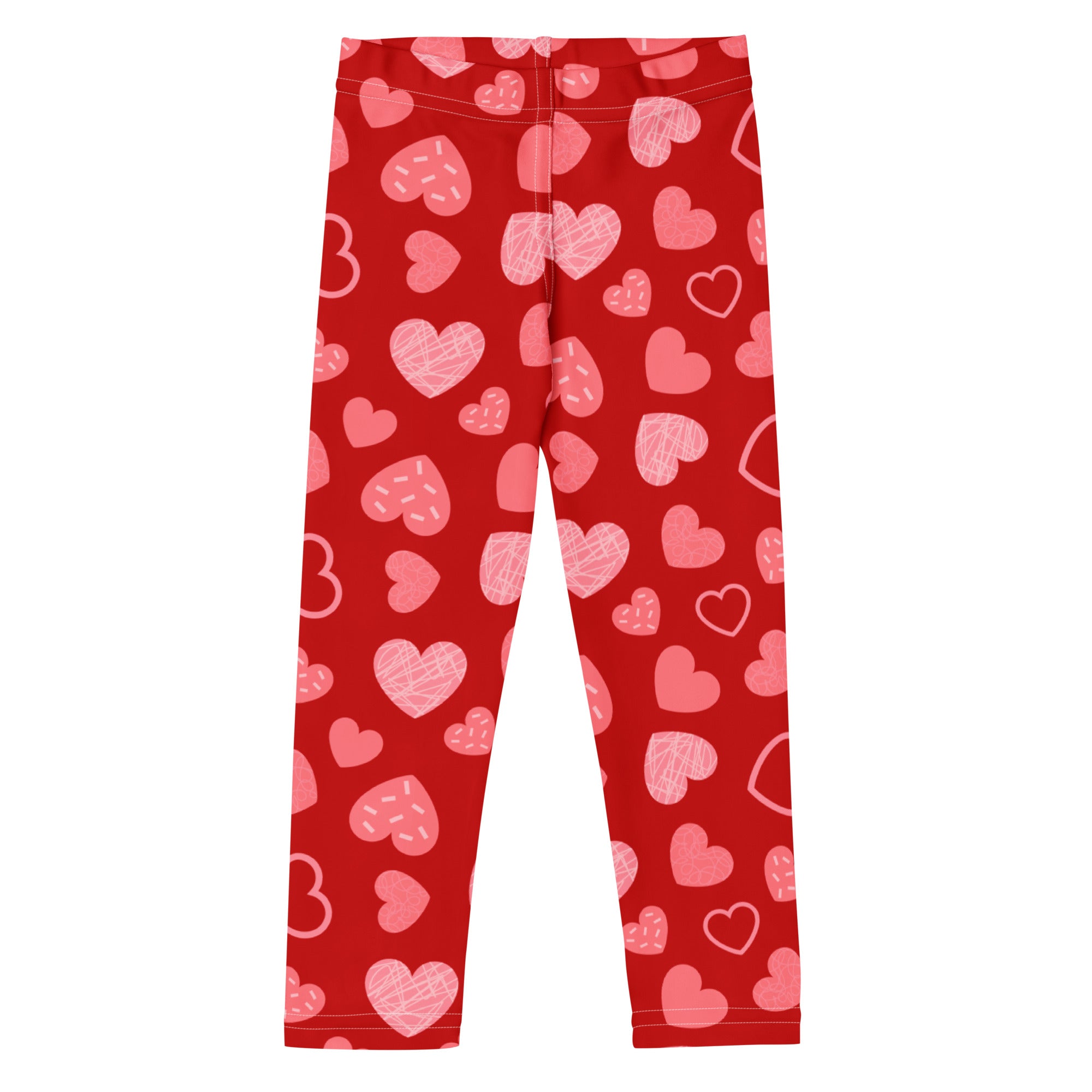 Girls red heart pattern leggings with pink and white hearts in buttery soft fabric for comfortable wear