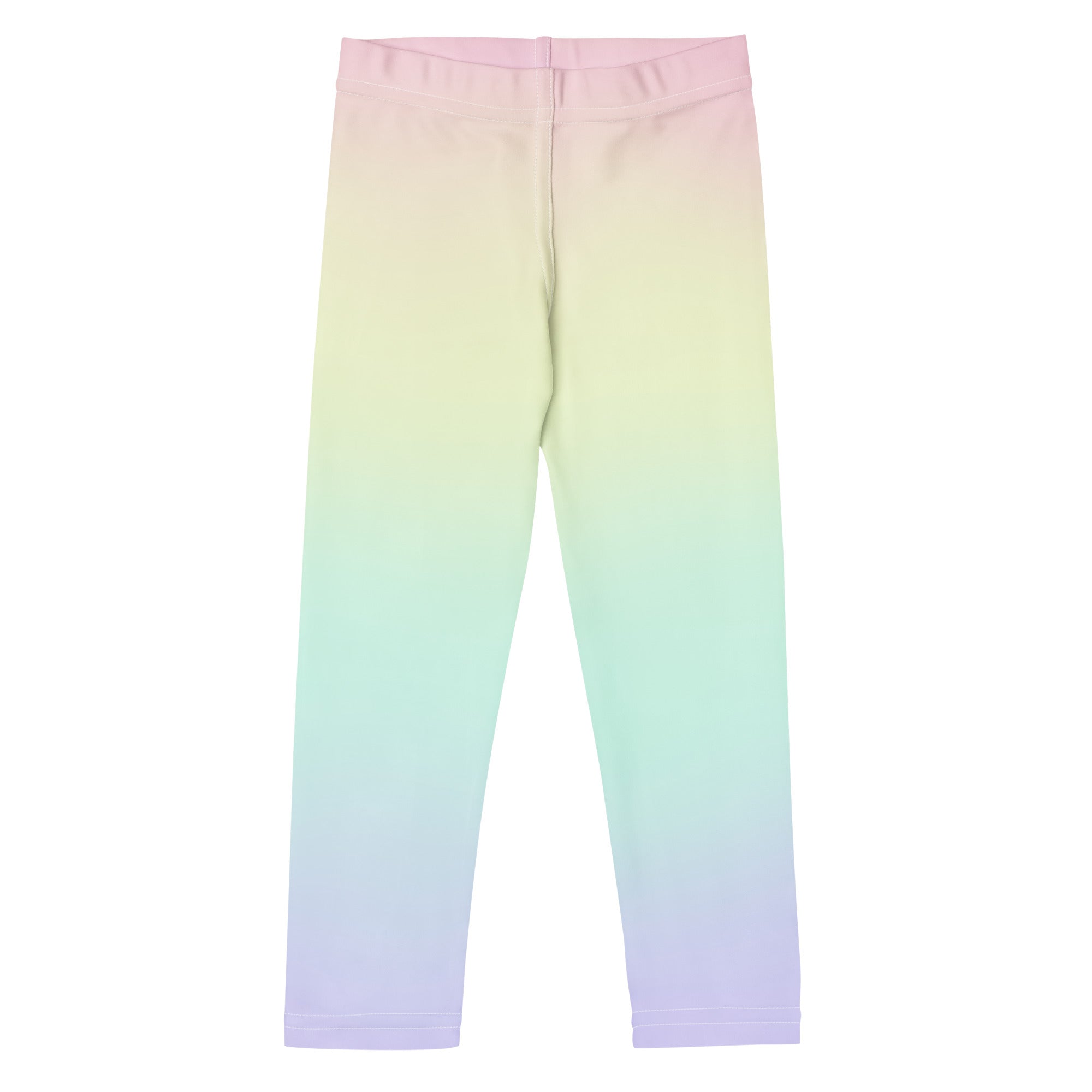 Girls pastel rainbow buttery soft leggings with pastel gradient from pink waist to lavender ankles in soft material