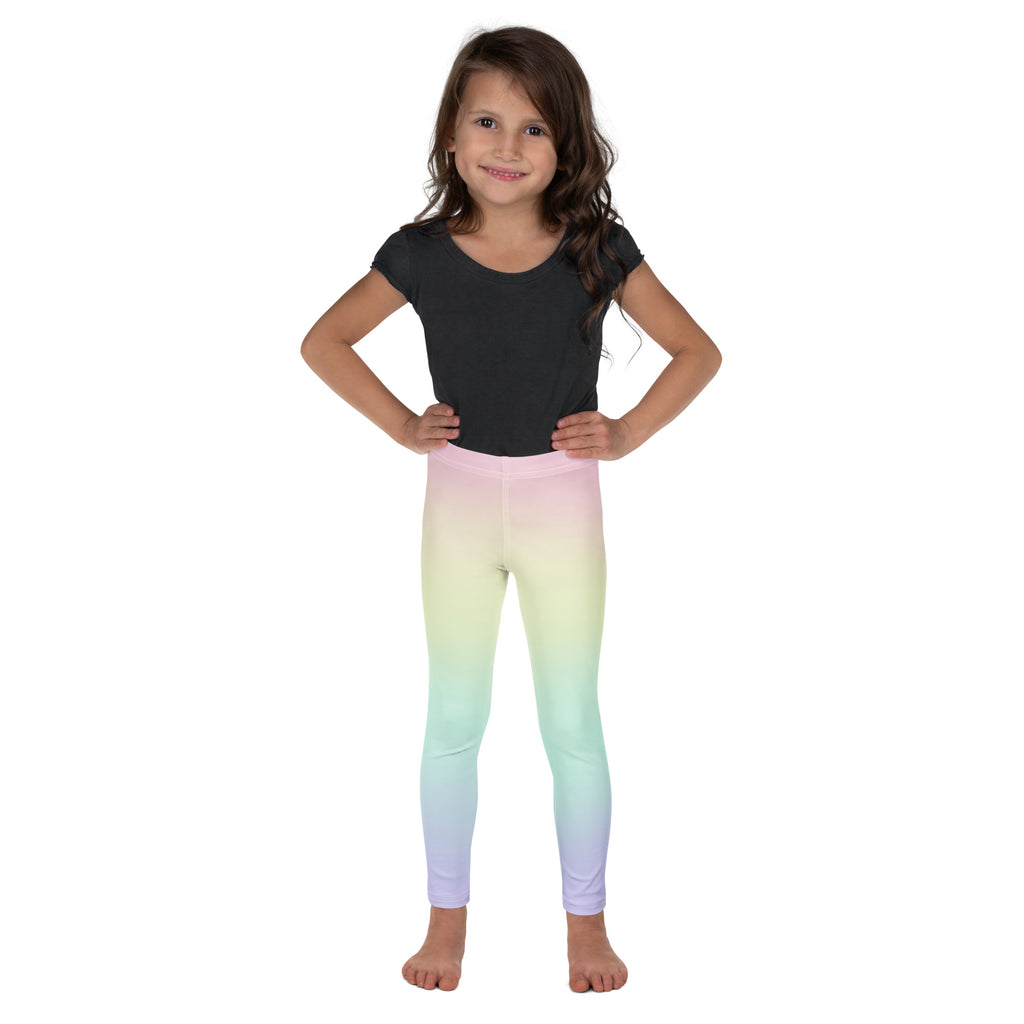 Girls pastel rainbow buttery soft leggings in stretchy fabric with a soft pink to lavender gradient color transition