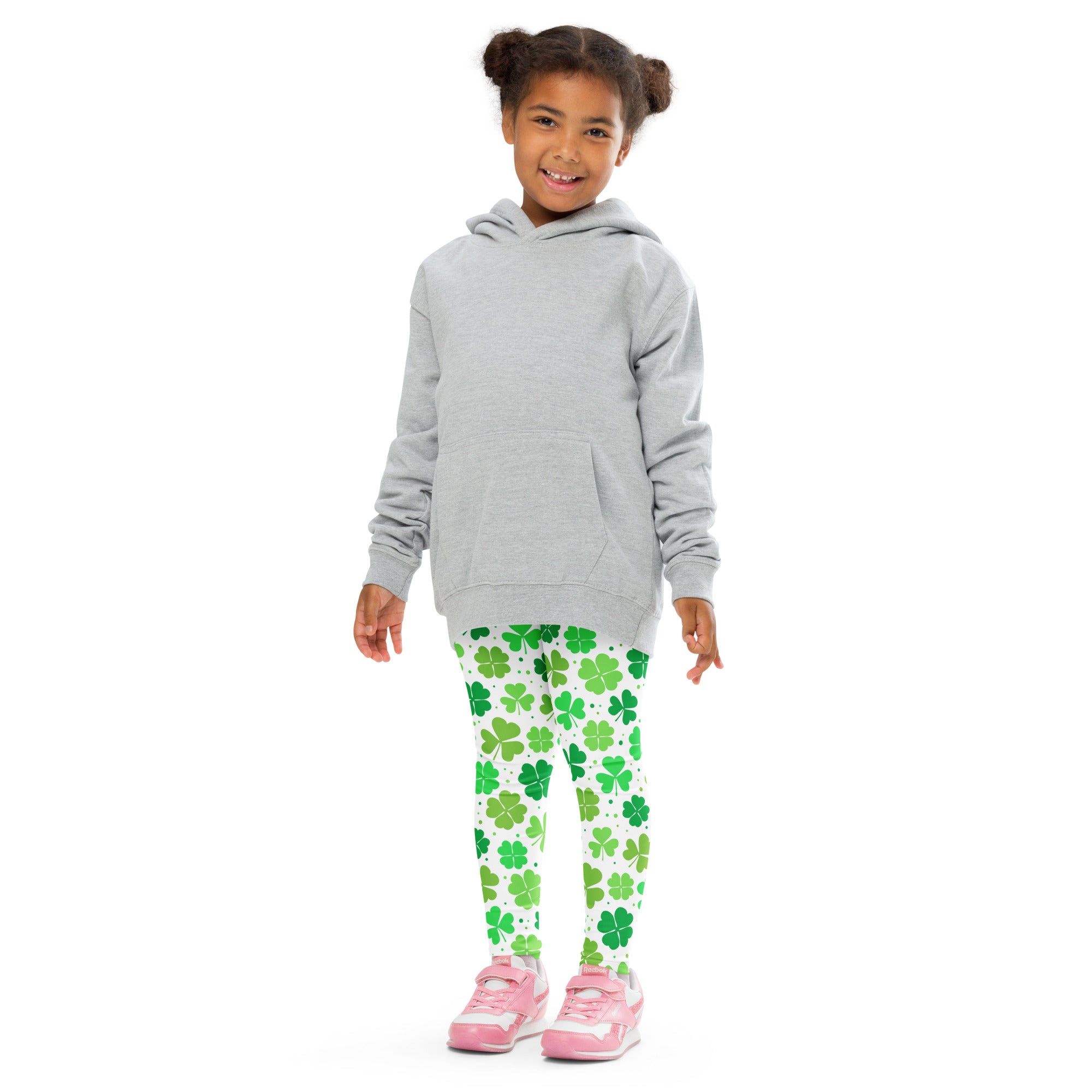 Gray hooded sweatshirt with a front pocket and long sleeves paired with girls lucky shamrock buttery soft leggings