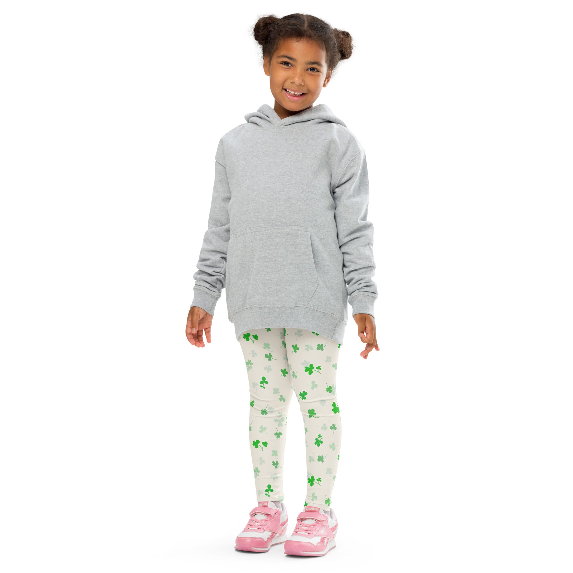Gray hooded sweatshirt with front pocket and long sleeves shown with girls shamrock buttery soft leggings