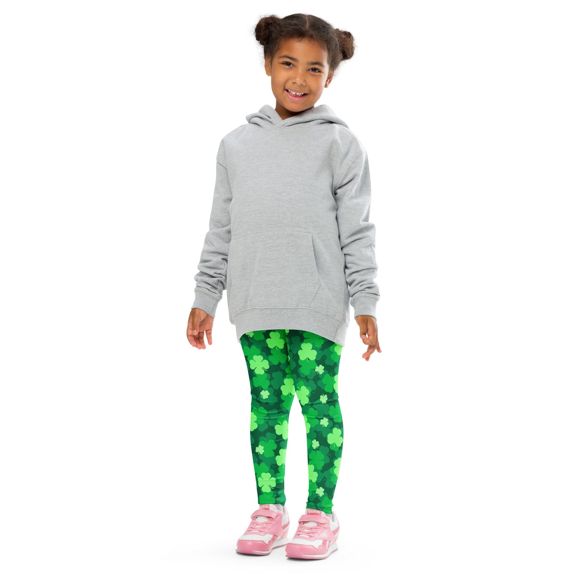 Gray hooded sweatshirt with front pocket and long sleeves worn by a child paired with girls emerald green shamrock leggings