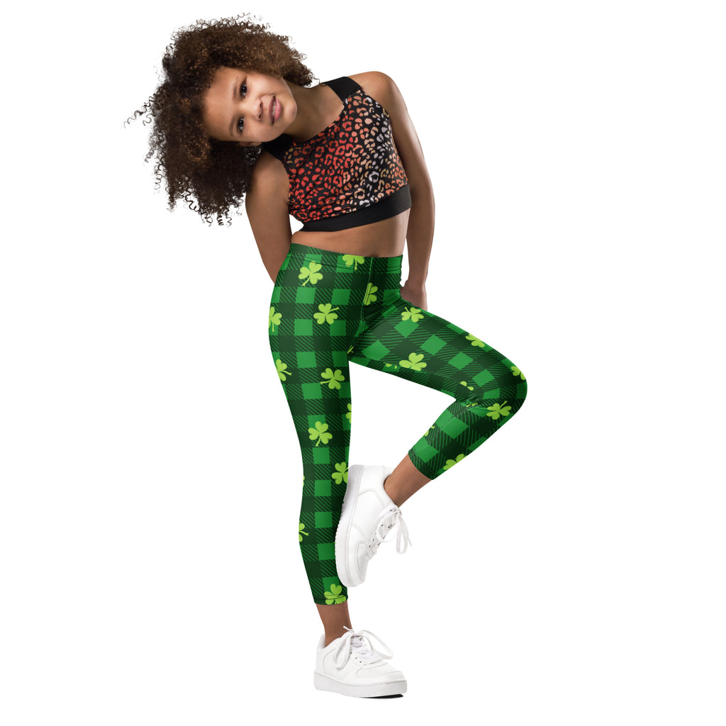 Girls green plaid shamrock buttery soft leggings featuring a black and light green shamrock pattern