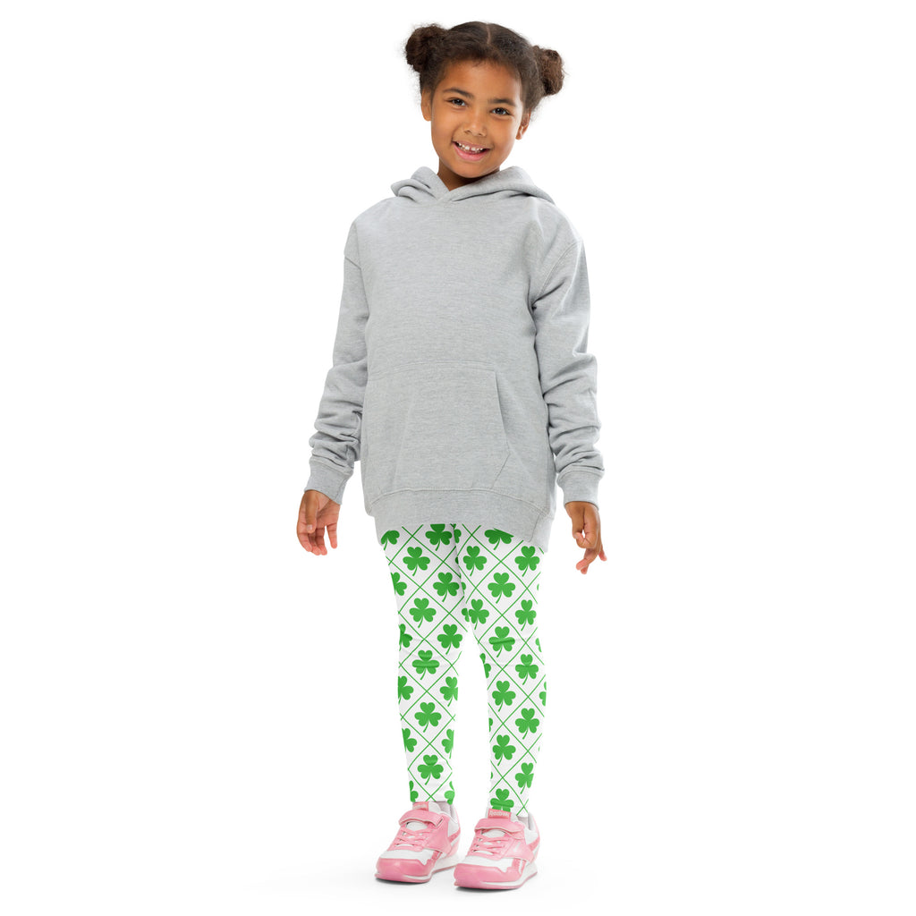 Gray hooded sweatshirt with front pocket and long sleeves worn over girls shamrock grid buttery soft leggings