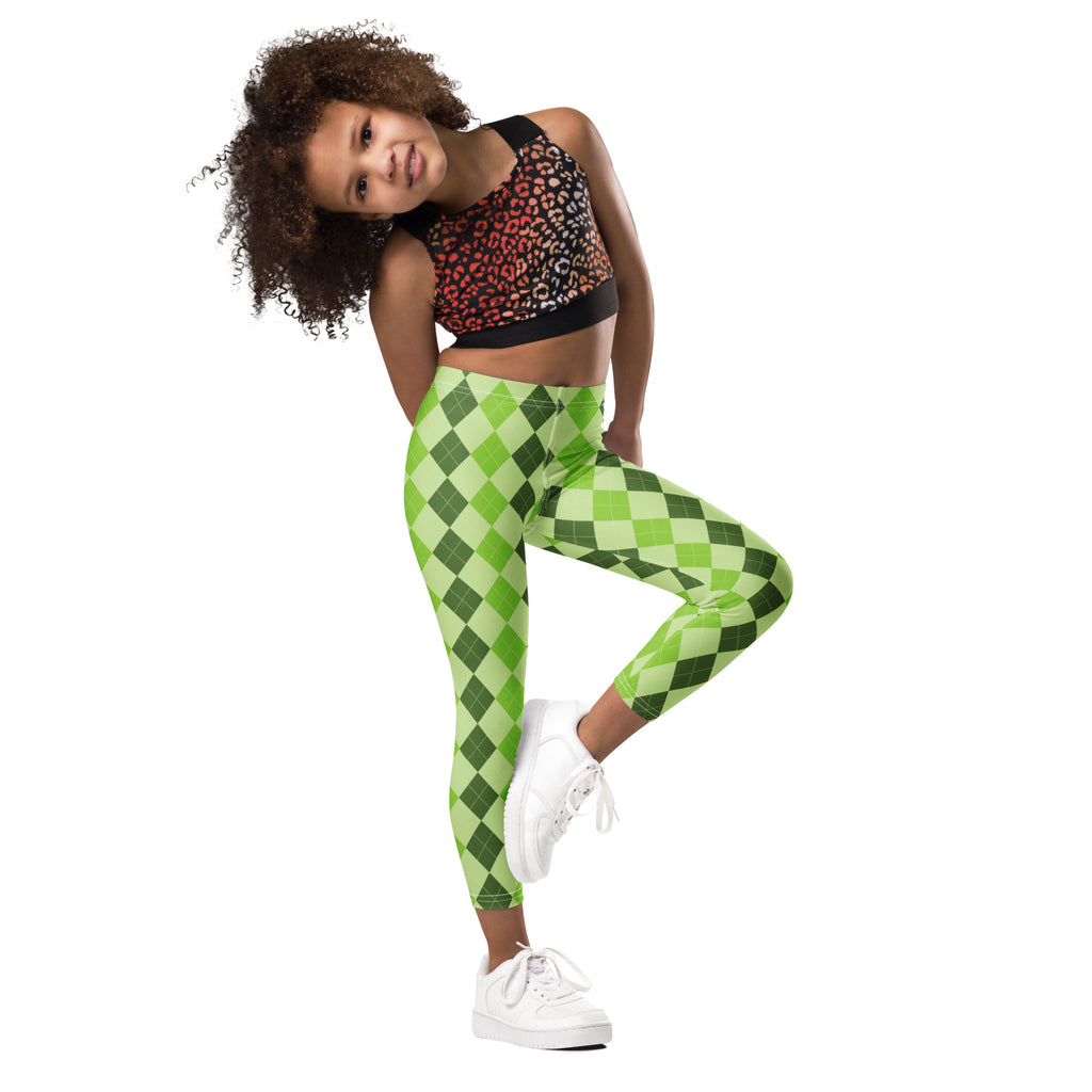 Girls light green argyle buttery soft leggings featuring bright and dark green pattern in a comfortable fabric