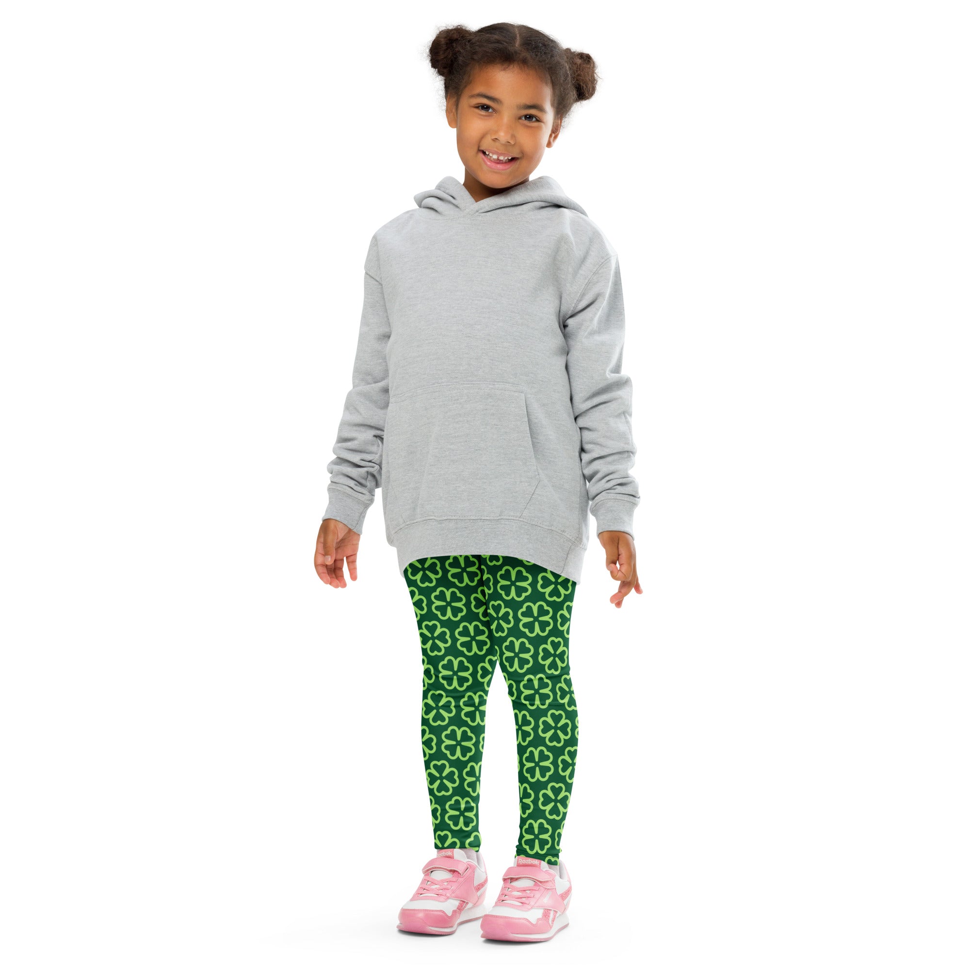 Gray hooded sweatshirt with long sleeves and front pocket paired with girls dark green shamrock buttery soft leggings