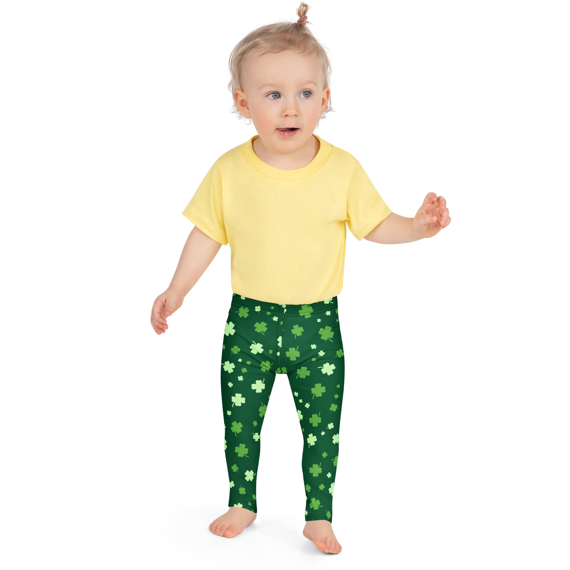 Girls lucky clover buttery soft green leggings with light green and white shamrock pattern for St Patricks Day