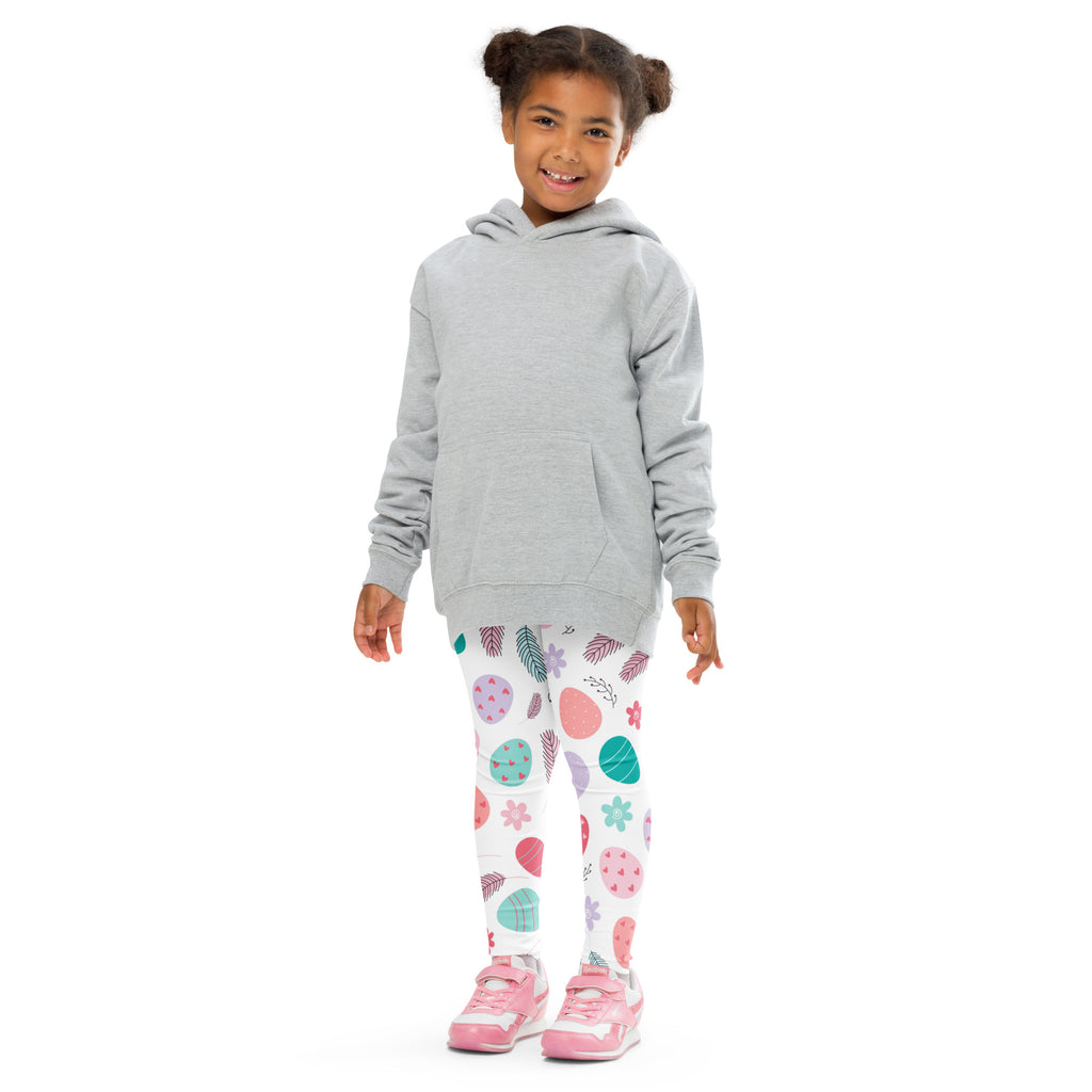 Gray hooded sweatshirt with front pocket and long sleeves paired with kids floral easter egg buttery soft leggings