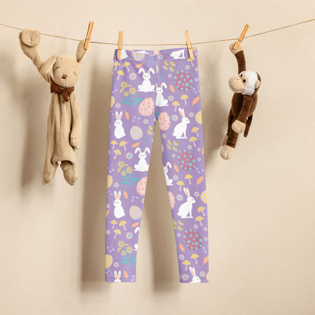 Girls purple easter bunny buttery soft leggings with white bunnies pastel eggs and mushrooms in a playful pattern