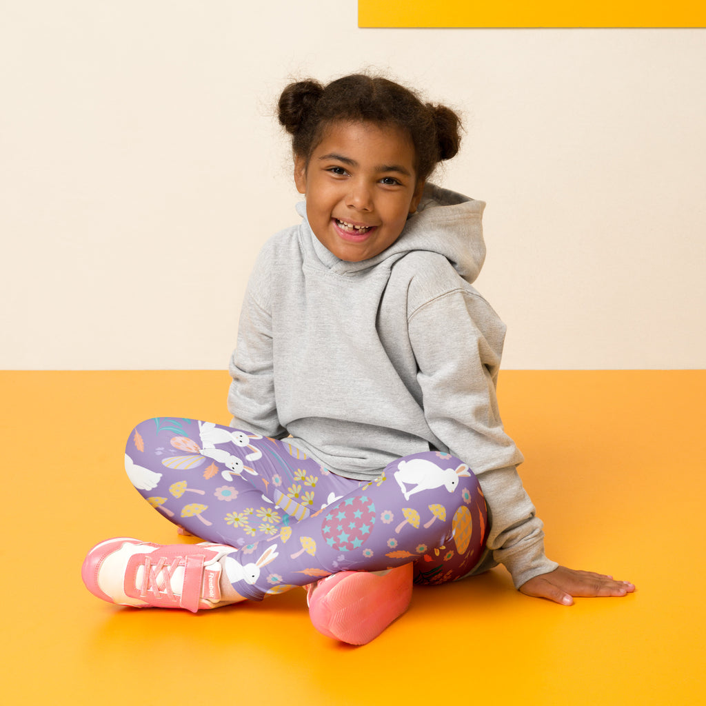 Girls purple Easter bunny buttery soft leggings with playful white rabbits mushrooms and flower pattern