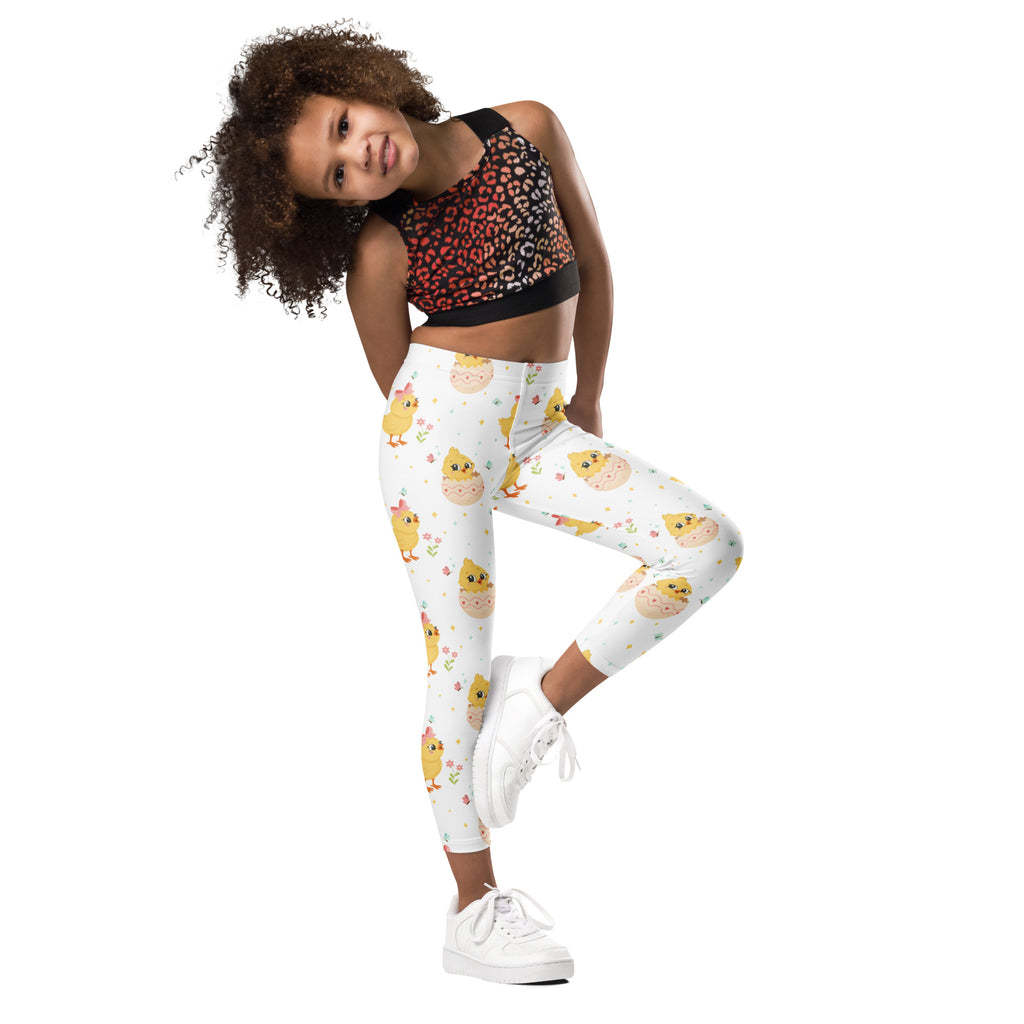 White girls Easter chick buttery soft leggings with yellow chick and small flower pattern