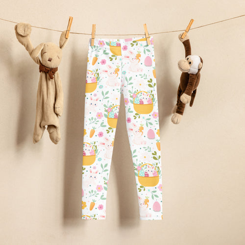 Girls easter bunny basket buttery soft white leggings with colorful easter pattern of baskets eggs carrots and flowers