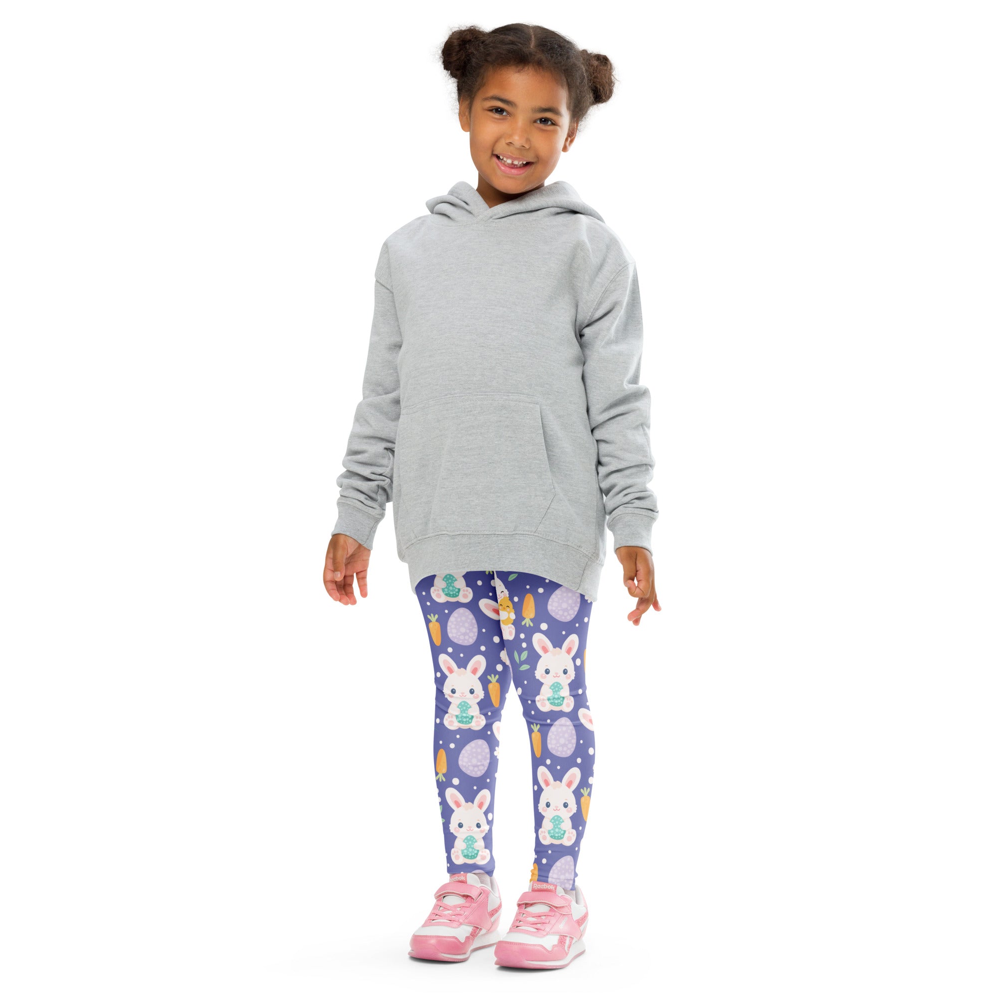 Gray hooded sweatshirt with front pocket and long sleeves shown with girls purple Easter bunny buttery soft leggings