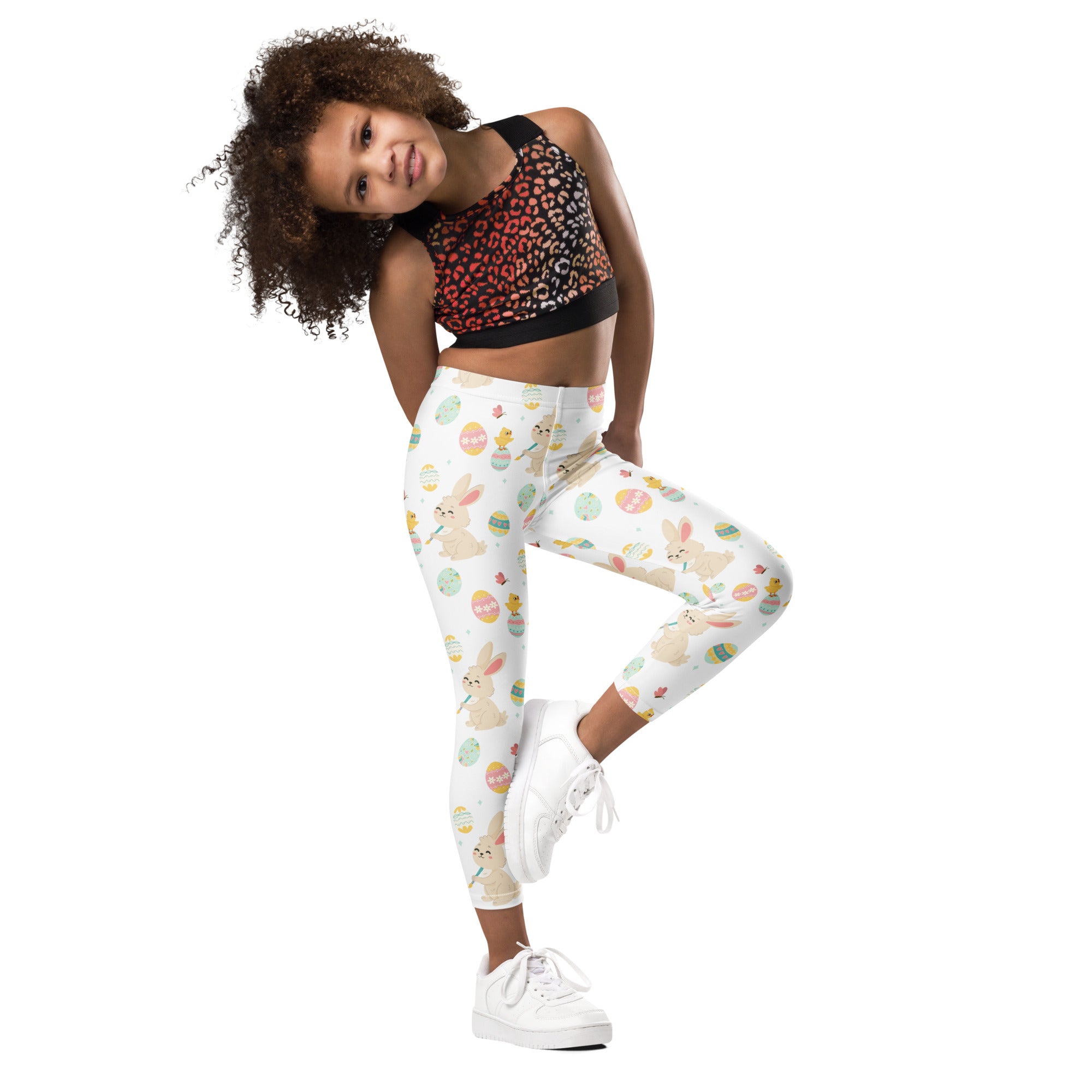 White girls buttery soft leggings with playful pastel easter eggs and bunny pattern perfect for spring wear