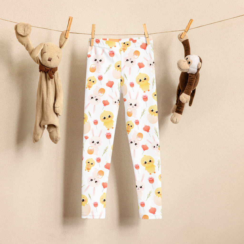 Girls floral bunny and chick buttery soft white leggings with yellow chicks pink tulips and cute bunny faces pattern