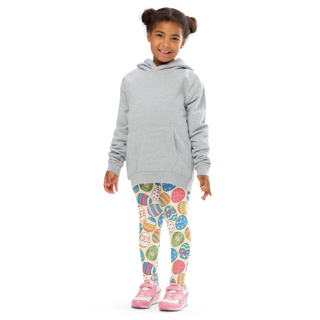 Gray hooded sweatshirt with front pocket and long sleeves paired with girls vintage easter egg buttery soft leggings
