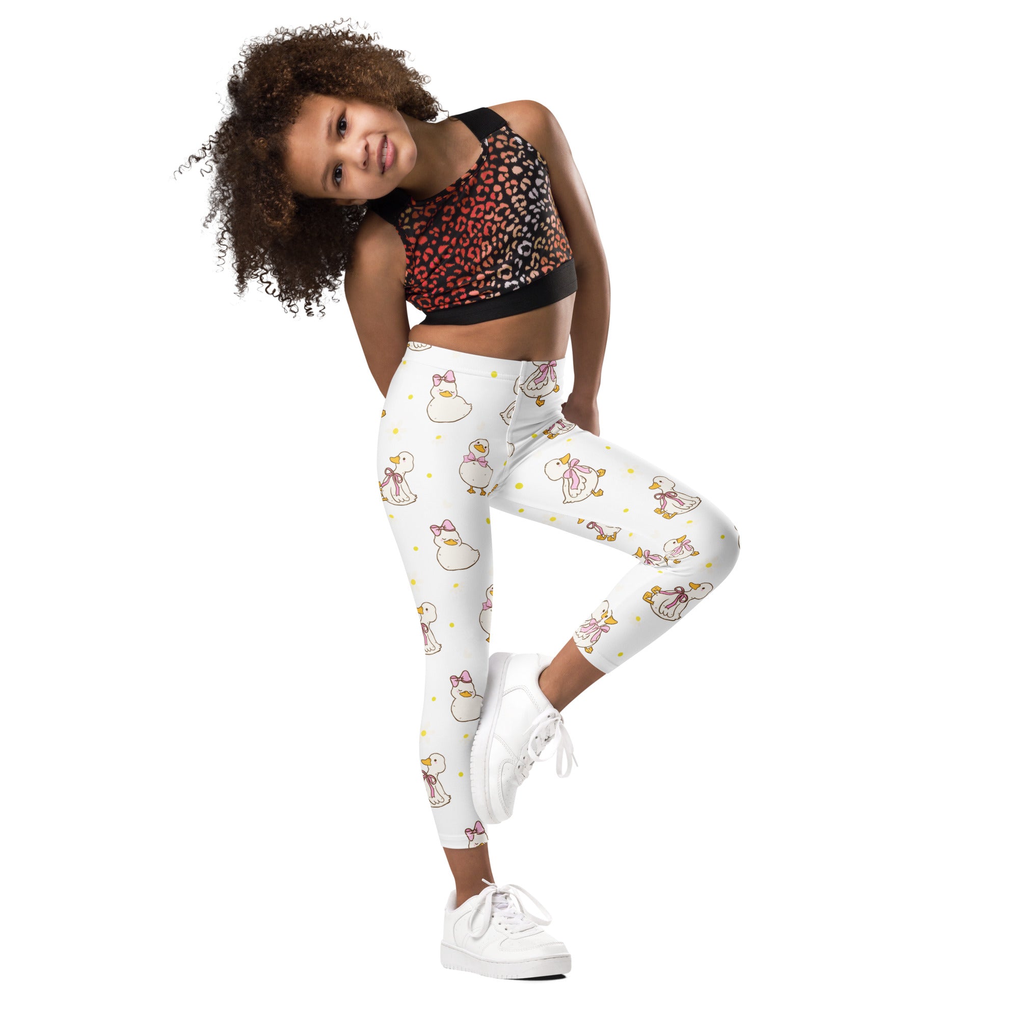 Girls Easter duck buttery soft white leggings with playful cartoon ducks, pink bows, and yellow stars pattern
