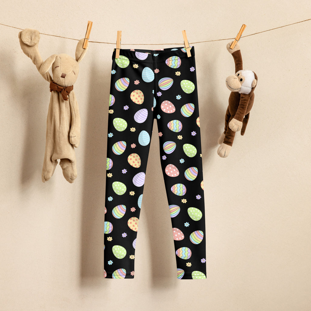 Girls rainbow easter eggs buttery soft black leggings with colorful pastel easter eggs and small floral accents