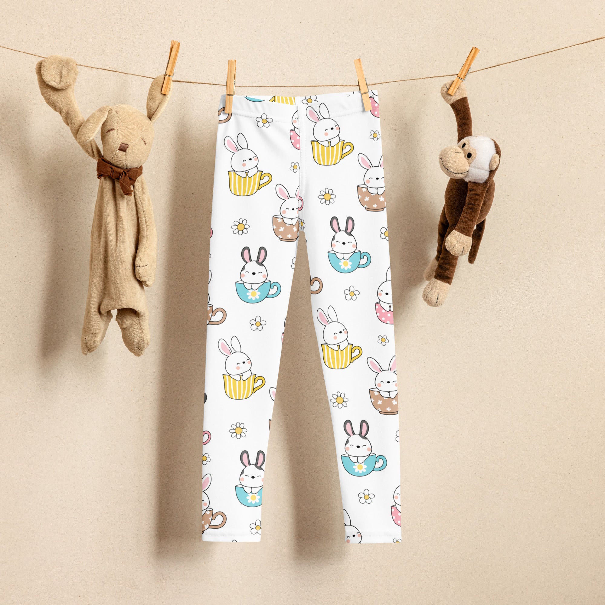 Girls bunny teacup Easter buttery soft white leggings with playful cartoon bunnies in colorful teacups and yellow flowers