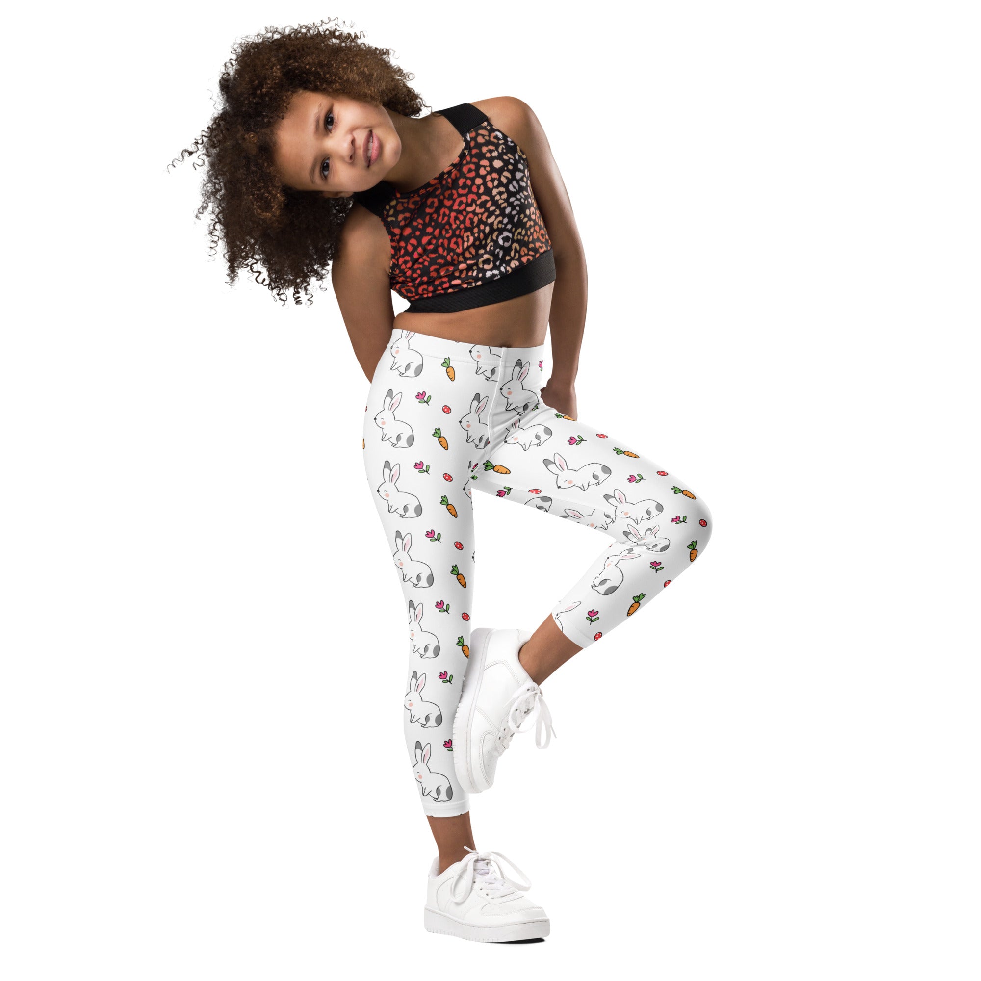 Girls bunny and carrot Easter buttery soft white leggings with playful black and white rabbits and orange carrots pattern