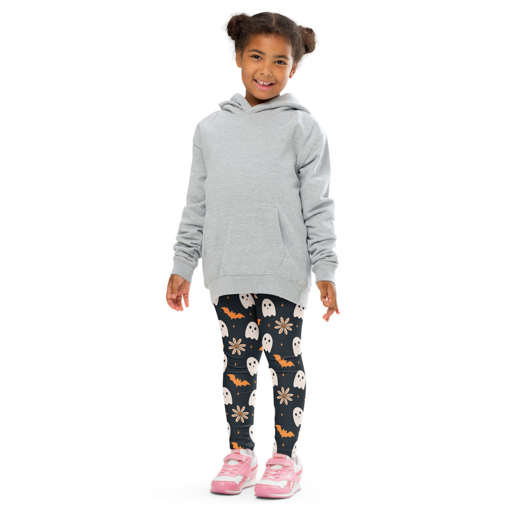 Girls Floral Ghost Bat Halloween Leggings - Warm, Buttery Soft & Stretchy