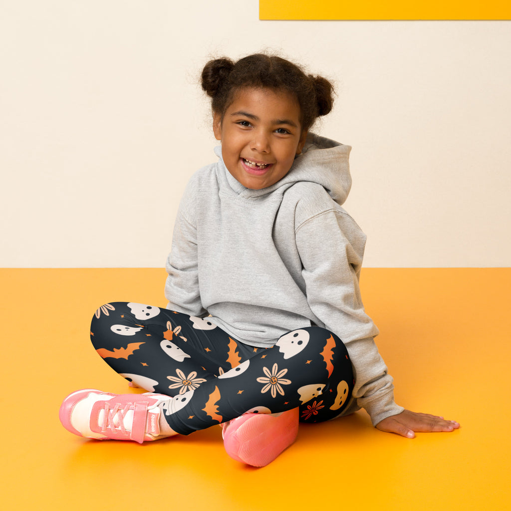 Girls Floral Ghost Bat Halloween Leggings - Warm, Buttery Soft & Stretchy
