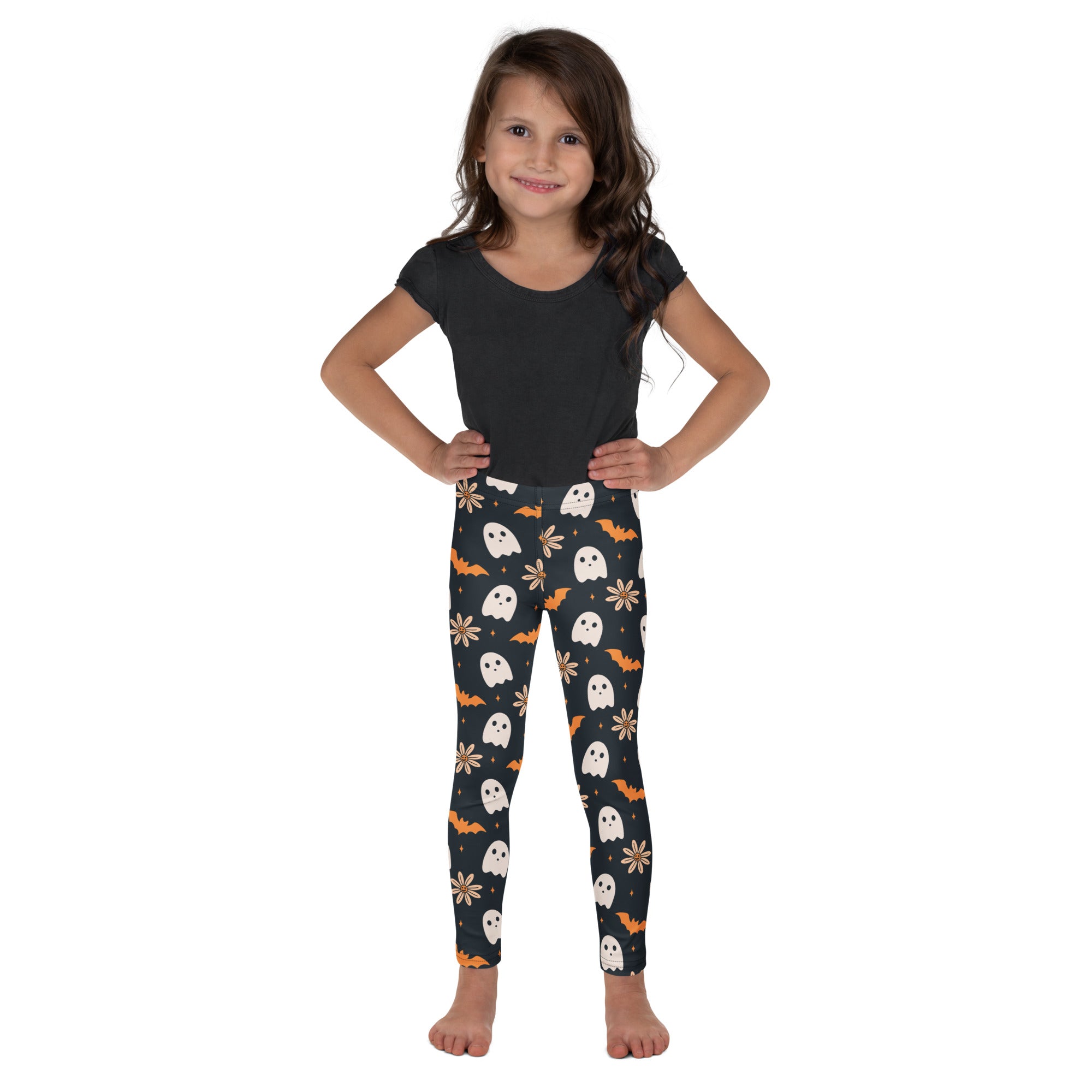 Girls Floral Ghost Bat Halloween Leggings - Warm, Buttery Soft & Stretchy