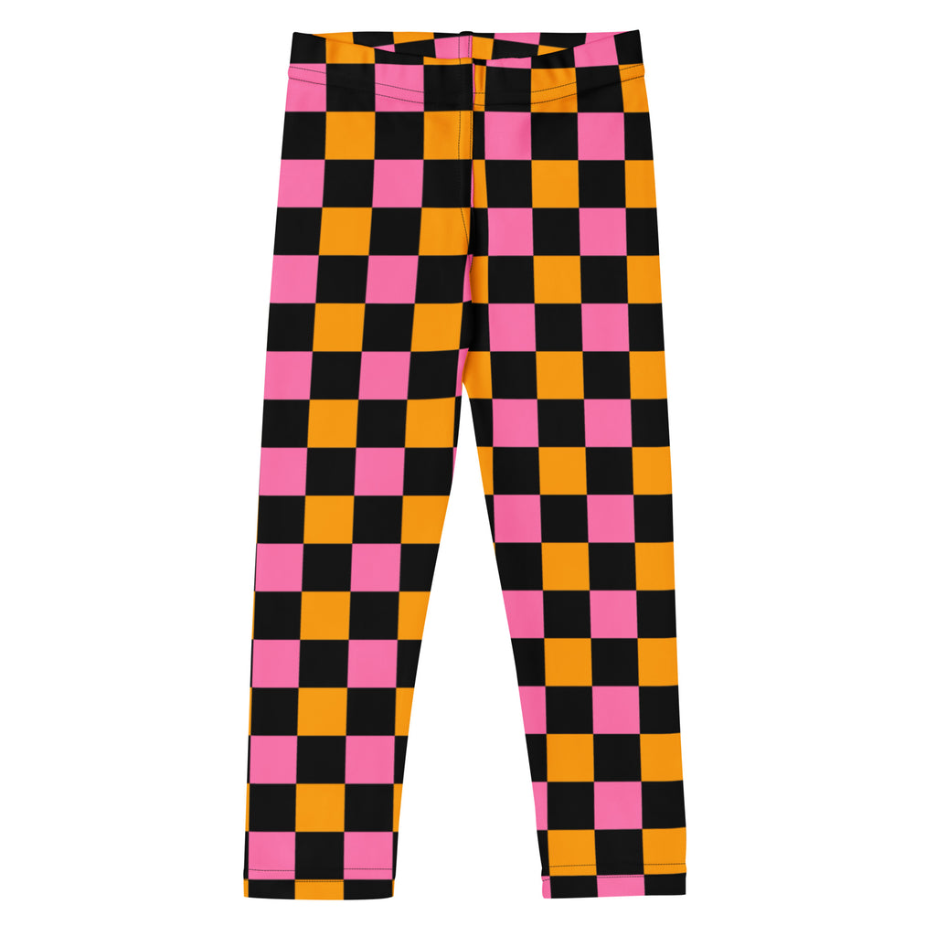 Girls Pink Orange Black Checkerboard Leggings - Warm, Buttery Soft & Stretchy