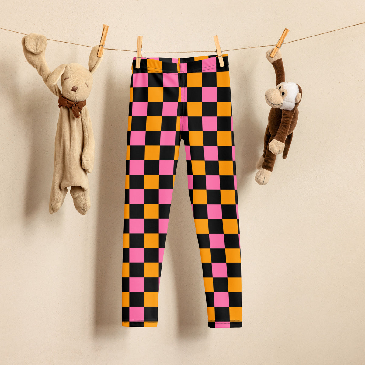 Girls Pink Orange Black Checkerboard Leggings - Warm, Buttery Soft & Stretchy
