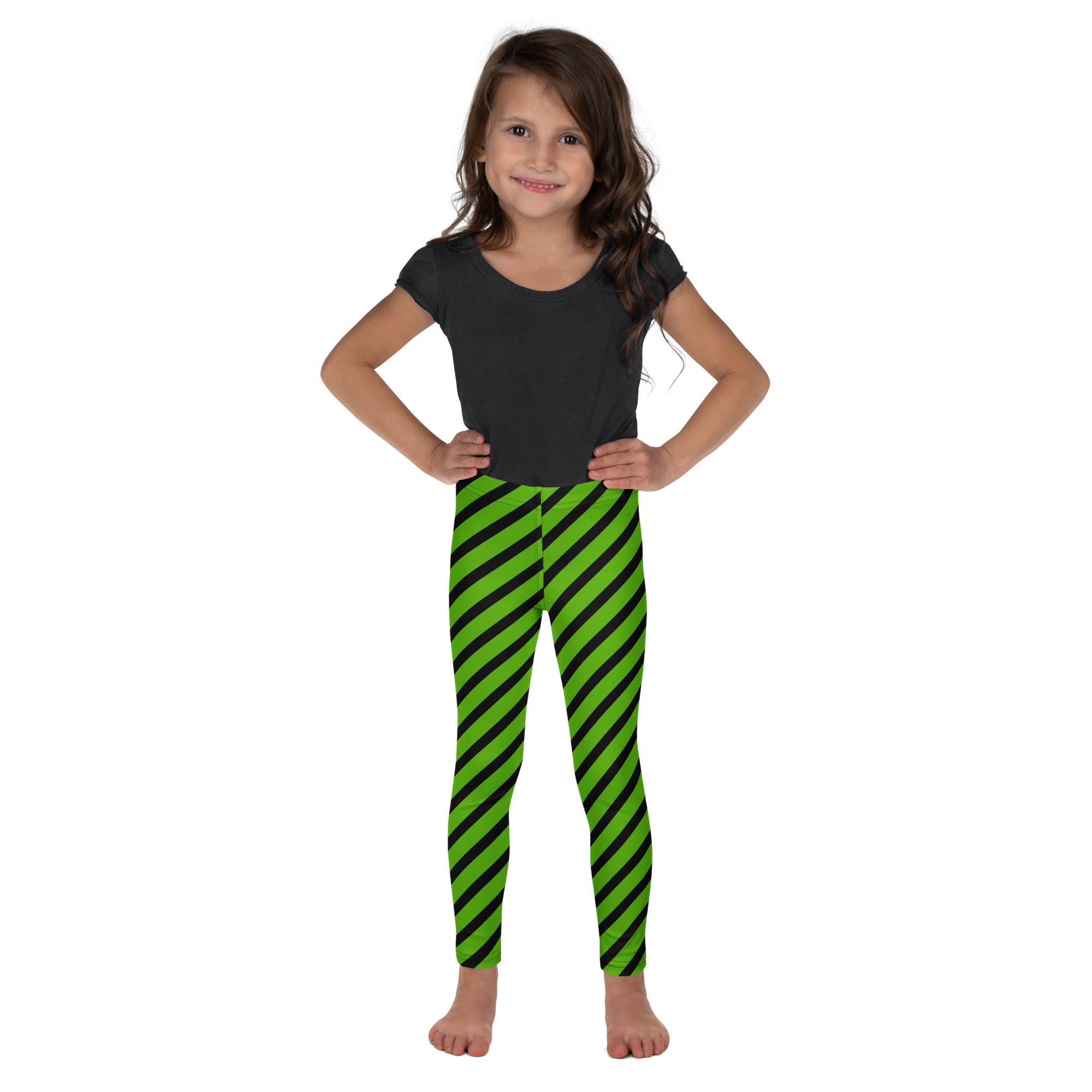 Girls Green Striped Halloween Leggings - Warm, Buttery Soft & Stretchy