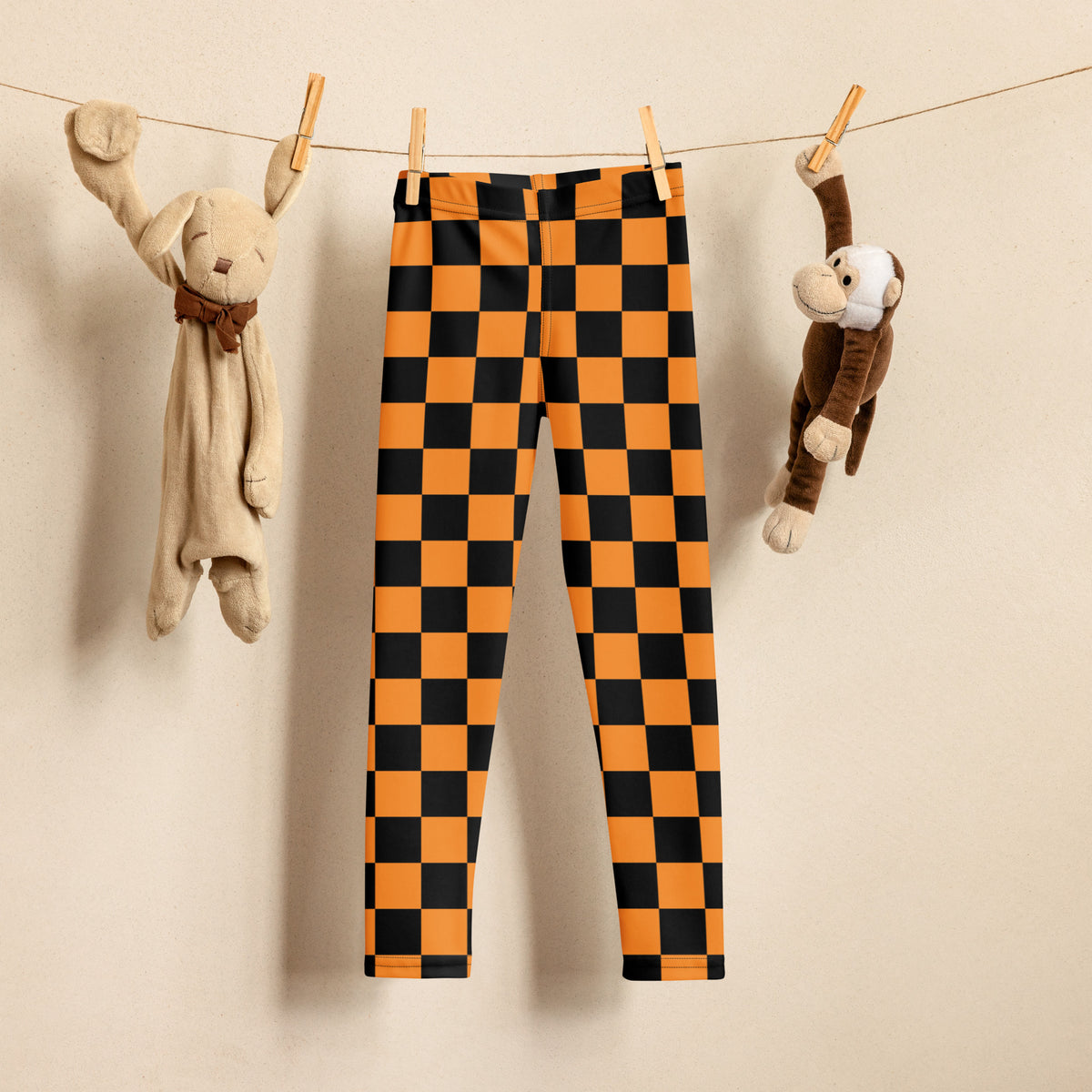 Girls Orange Checkered Halloween Leggings - Warm, Buttery Soft & Stretchy