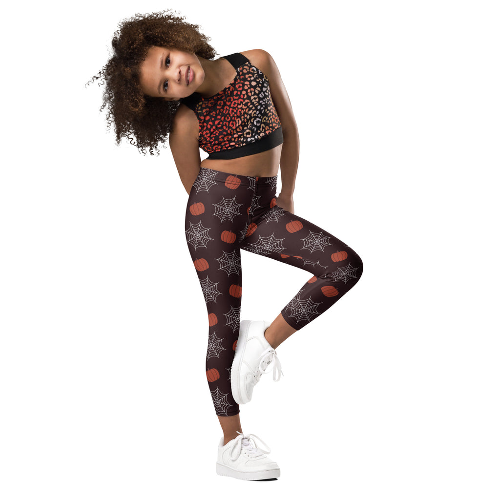 Girls Pumpkin Spiderweb Halloween Leggings - Warm, Buttery Soft & Stretchy