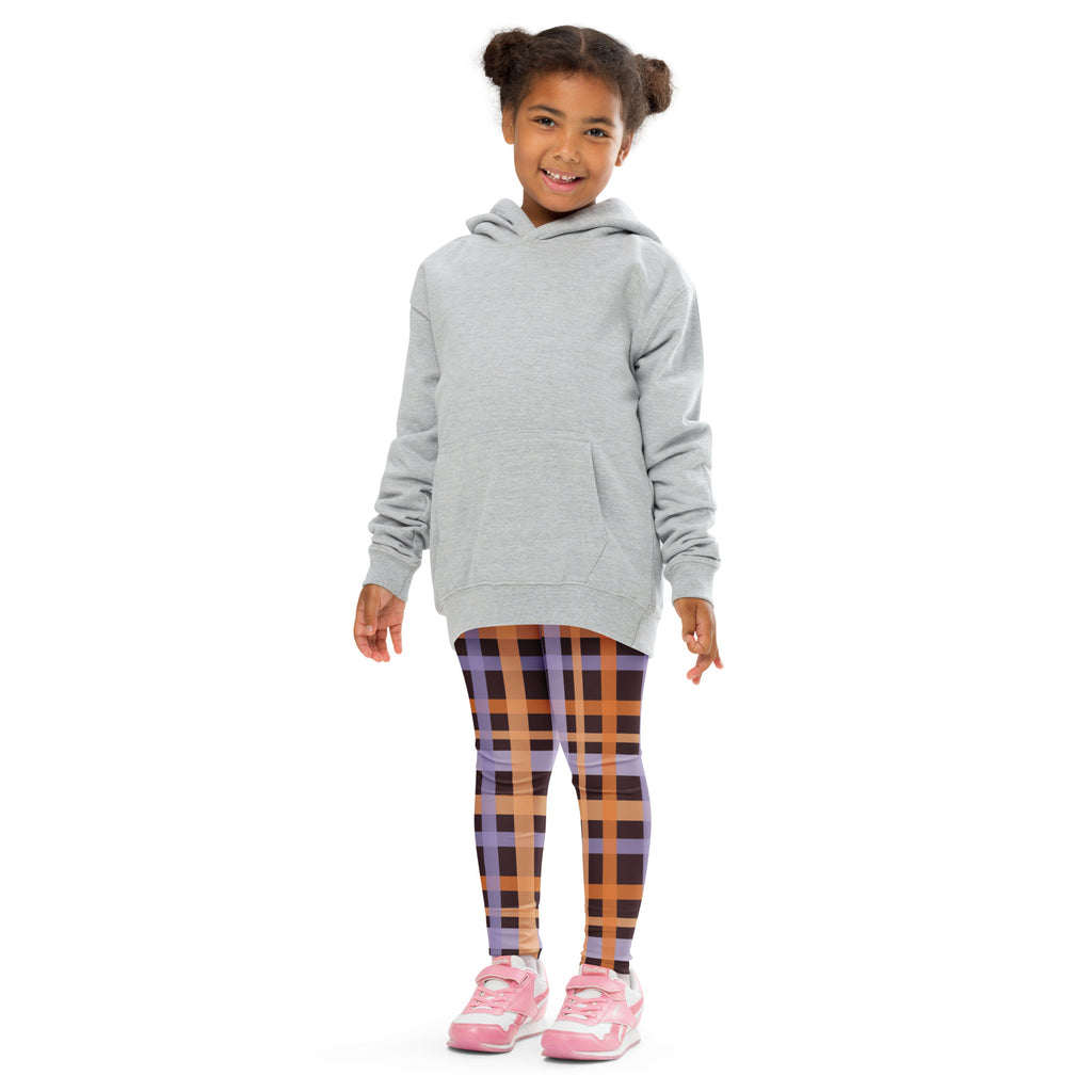 Girls Purple & Orange Plaid Halloween Leggings - Warm, Buttery Soft & Stretchy