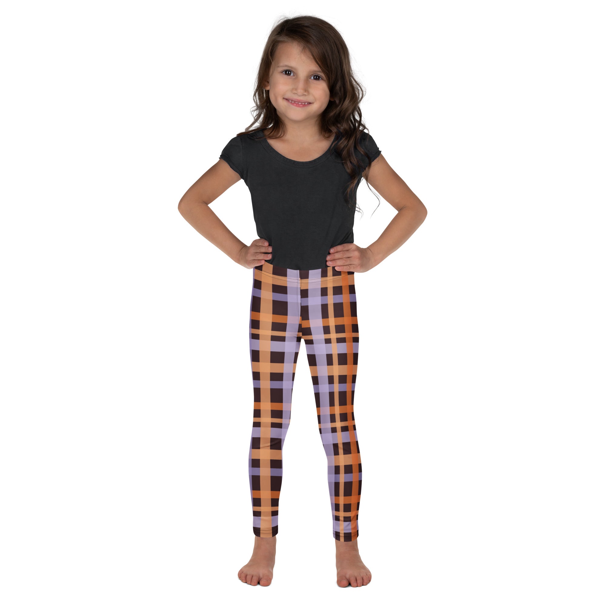Girls Purple & Orange Plaid Halloween Leggings - Warm, Buttery Soft & Stretchy