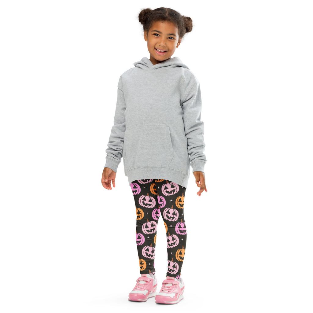 Girls Pink Jack O Lantern Pumpkin Patch Leggings - Warm, Buttery Soft & Stretchy
