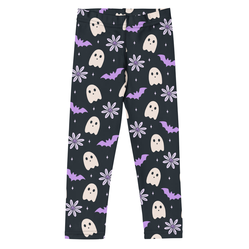 Girls Purple Floral Ghost Bat Halloween Leggings - Warm, Buttery Soft & Stretchy