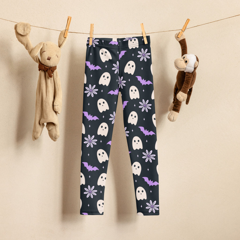 Girls Purple Floral Ghost Bat Halloween Leggings - Warm, Buttery Soft & Stretchy