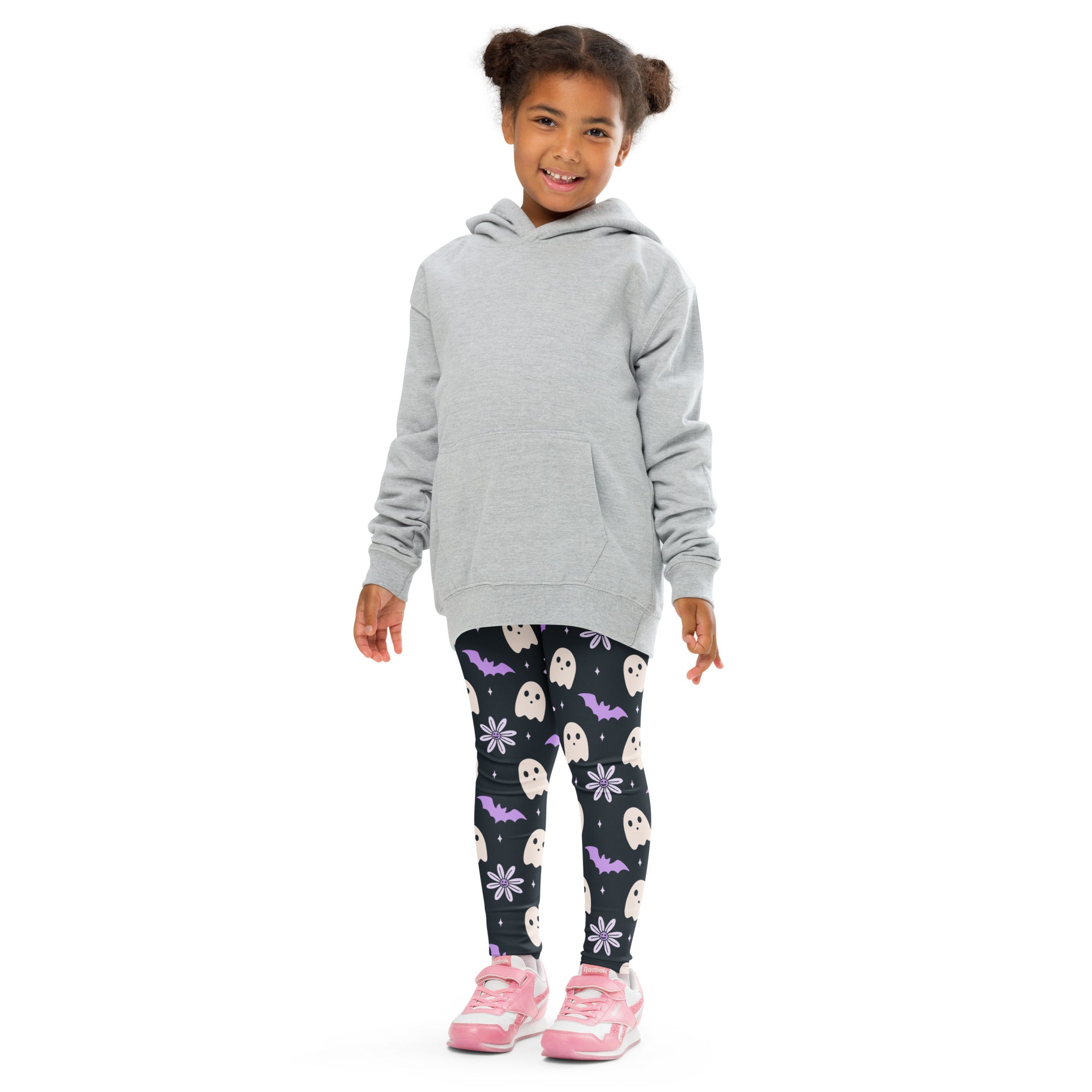 Girls Purple Floral Ghost Bat Halloween Leggings - Warm, Buttery Soft & Stretchy
