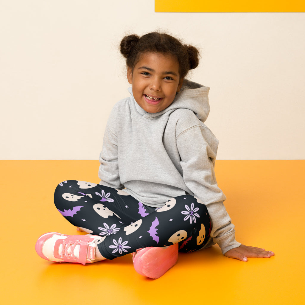 Girls Purple Floral Ghost Bat Halloween Leggings - Warm, Buttery Soft & Stretchy