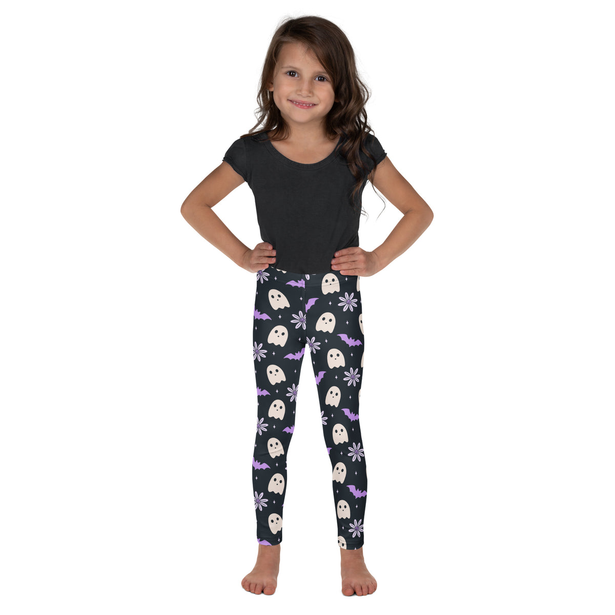 Girls Purple Floral Ghost Bat Halloween Leggings - Warm, Buttery Soft & Stretchy