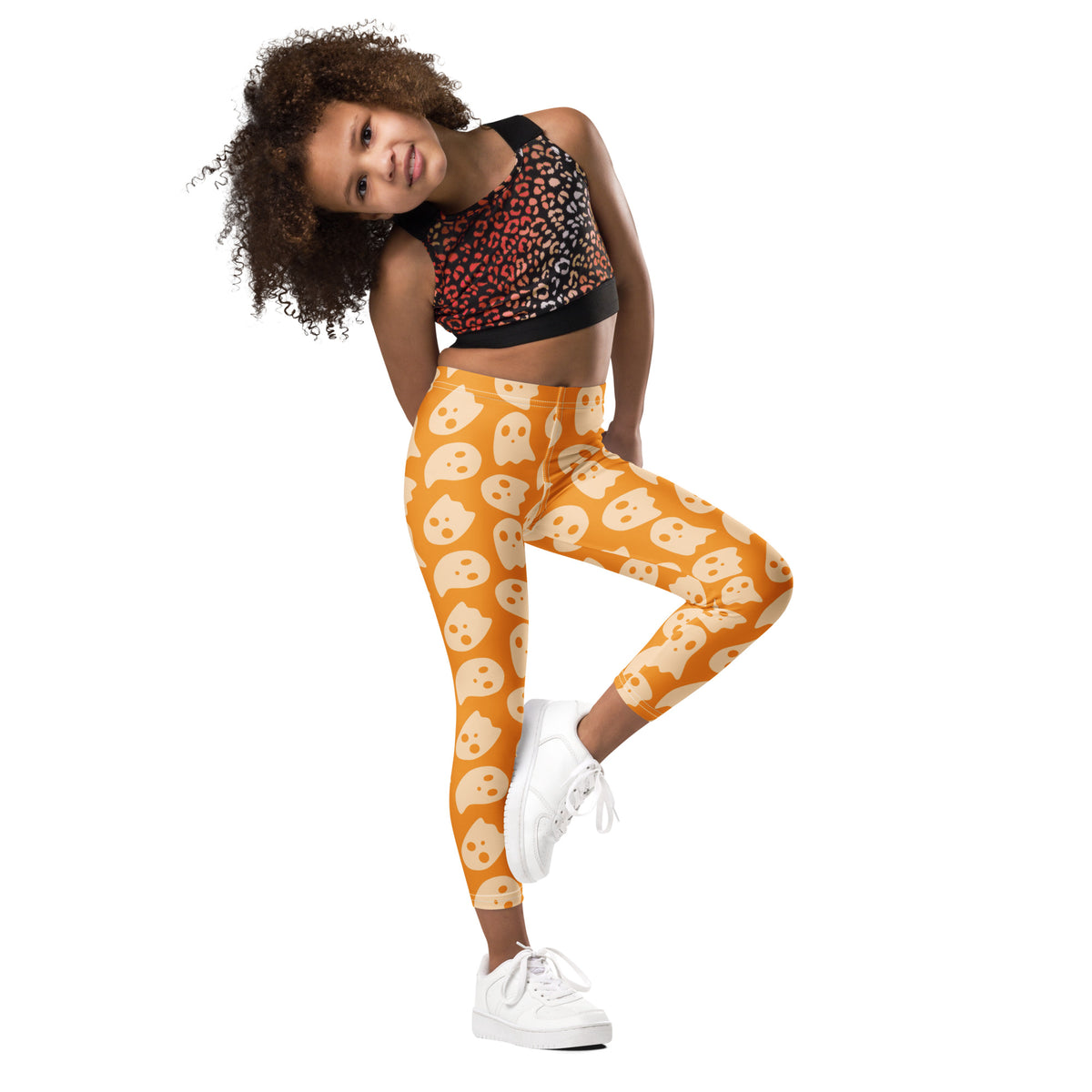 Girls Orange Ghost Halloween Leggings - Warm, Buttery Soft & Stretchy
