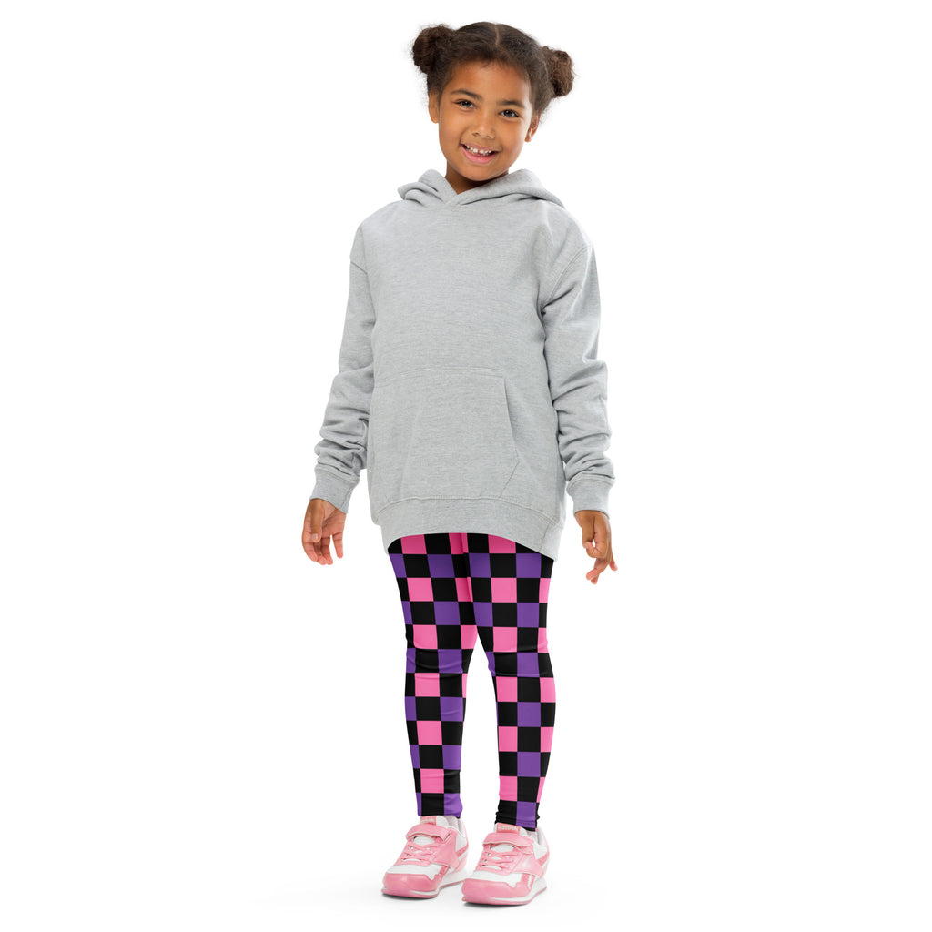 Girls Pink & Purple Checkerboard Halloween Leggings - Warm, Buttery Soft & Stretchy