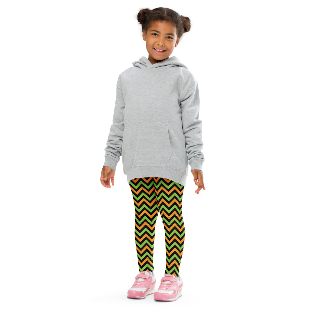 Girls Orange & Green Halloween Chevron Leggings - Warm, Buttery Soft & Stretchy