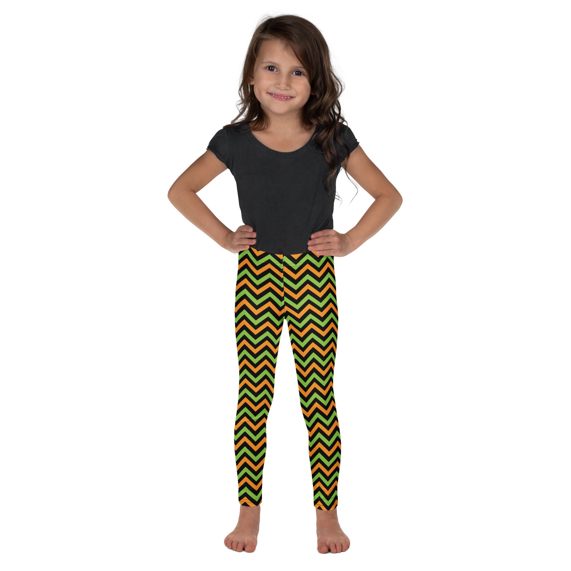 Girls Orange & Green Halloween Chevron Leggings - Warm, Buttery Soft & Stretchy